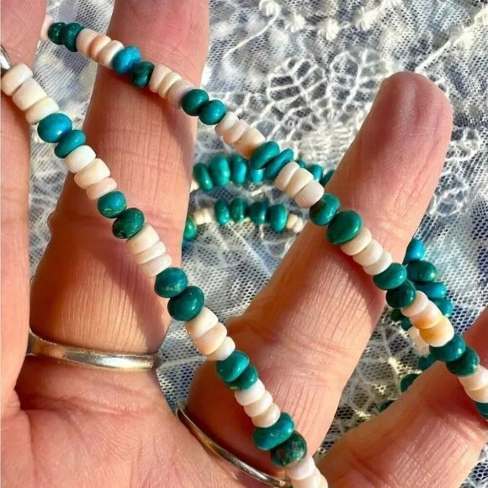 Vintage Turquoise nugget & Spiny Oyster Shell Heishi Necklace 30”